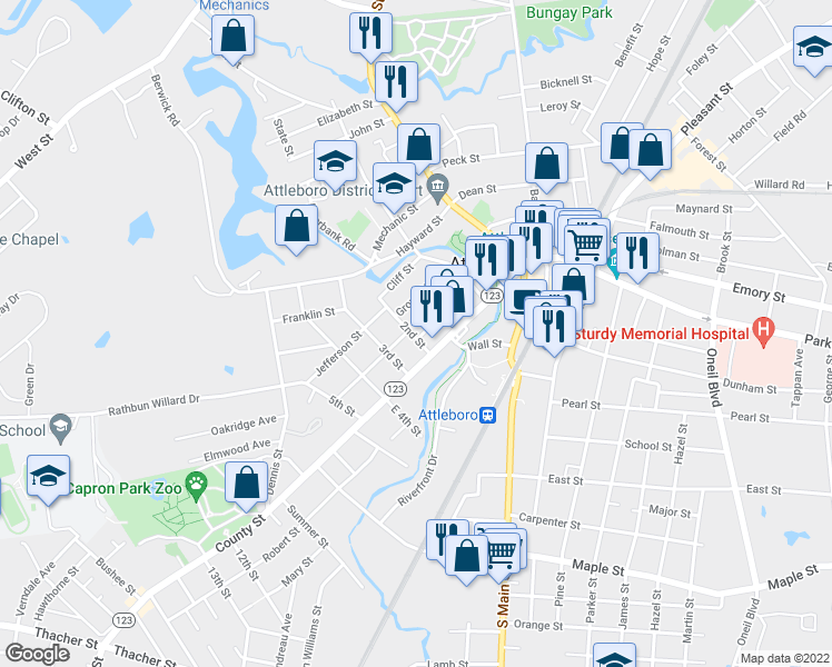 map of restaurants, bars, coffee shops, grocery stores, and more near 7 2nd Street in Attleboro