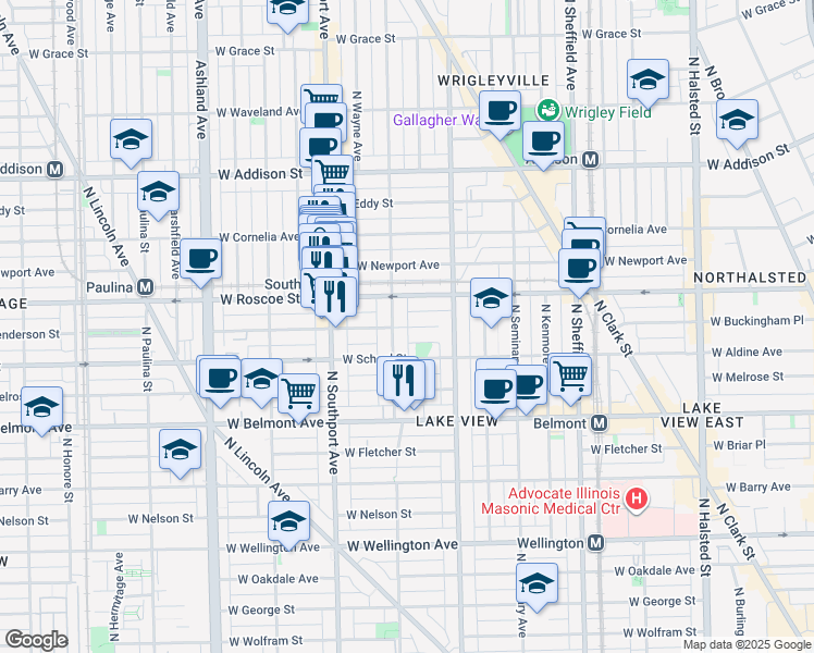 map of restaurants, bars, coffee shops, grocery stores, and more near 3346 North Lakewood Avenue in Chicago