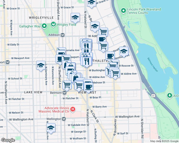 map of restaurants, bars, coffee shops, grocery stores, and more near 751 West Buckingham Place in Chicago