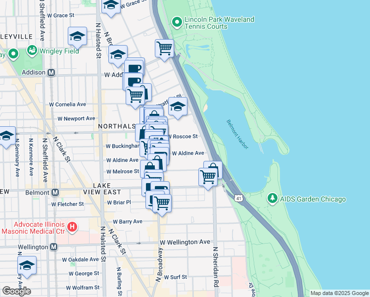 map of restaurants, bars, coffee shops, grocery stores, and more near 437 West Roscoe Street in Chicago