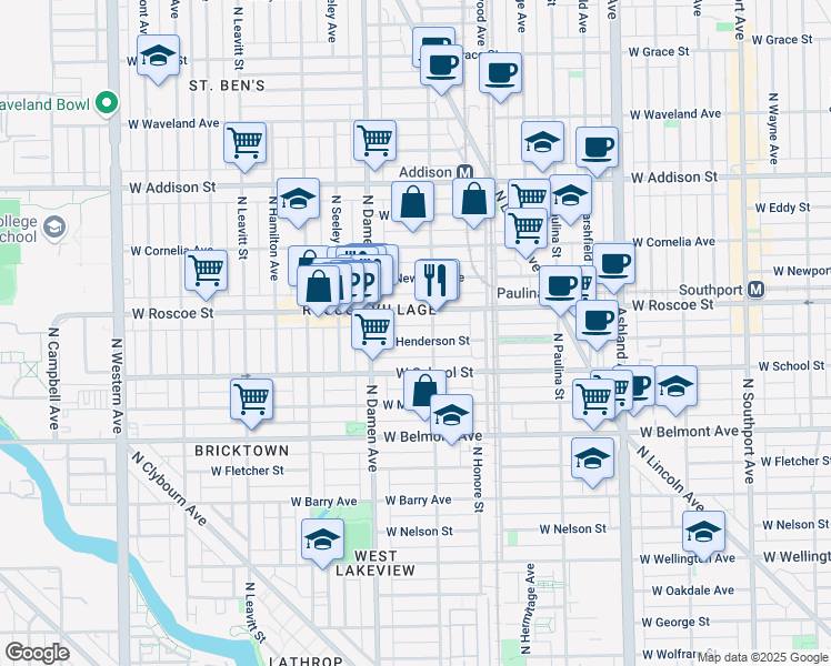 map of restaurants, bars, coffee shops, grocery stores, and more near 1911 West Roscoe Street in Chicago