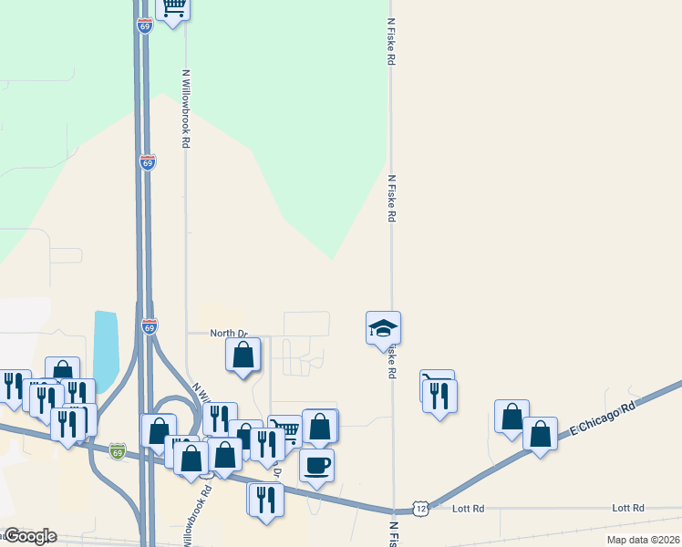 map of restaurants, bars, coffee shops, grocery stores, and more near 410 North Fiske Road in Coldwater