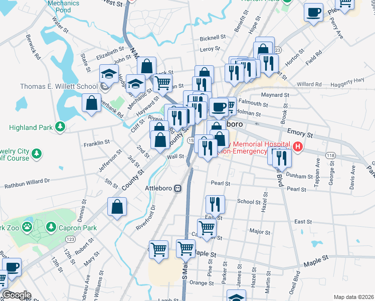 map of restaurants, bars, coffee shops, grocery stores, and more near 45 Massachusetts 152 in Attleboro