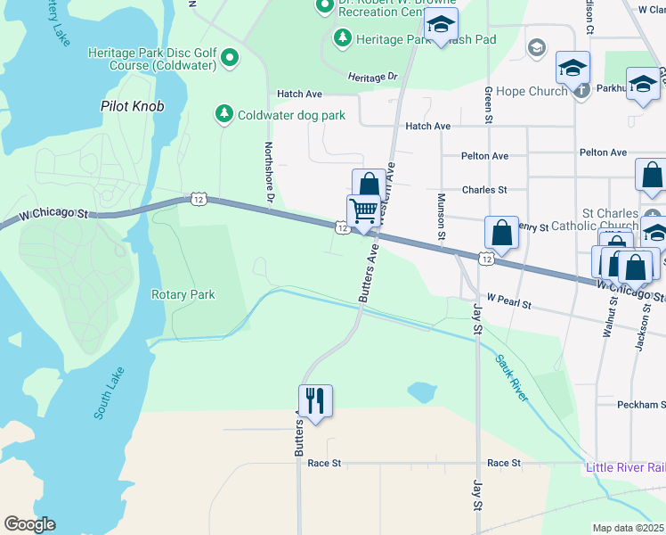 map of restaurants, bars, coffee shops, grocery stores, and more near 511 West Chicago Street in Coldwater