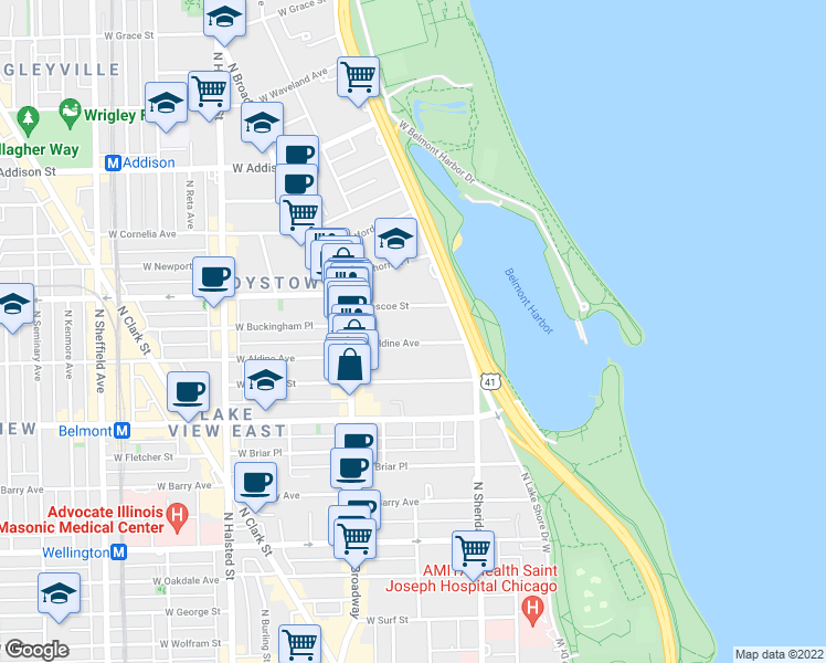 map of restaurants, bars, coffee shops, grocery stores, and more near 437 West Roscoe Street in Chicago