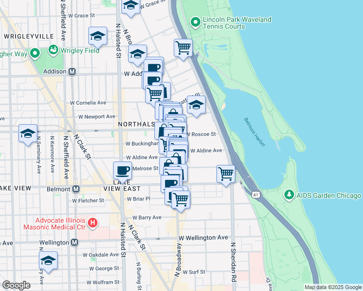 map of restaurants, bars, coffee shops, grocery stores, and more near 539 West Roscoe Street in Chicago