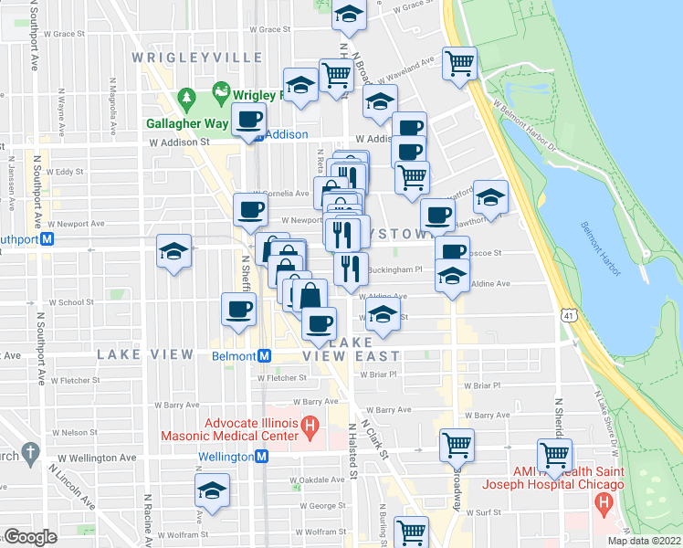 map of restaurants, bars, coffee shops, grocery stores, and more near in Chicago
