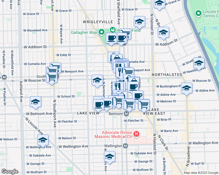 map of restaurants, bars, coffee shops, grocery stores, and more near 3344 North Kenmore Avenue in Chicago