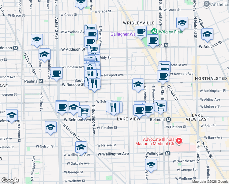 map of restaurants, bars, coffee shops, grocery stores, and more near 3346 North Lakewood Avenue in Chicago