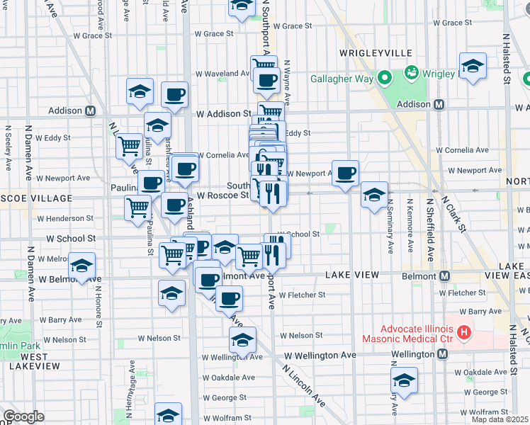 map of restaurants, bars, coffee shops, grocery stores, and more near 1415 West Roscoe Street in Chicago