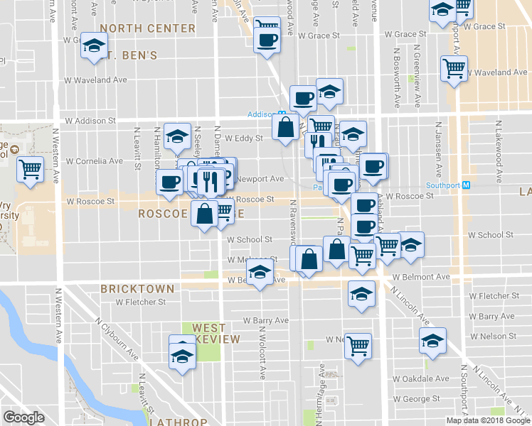map of restaurants, bars, coffee shops, grocery stores, and more near 1825 West Roscoe Street in Chicago