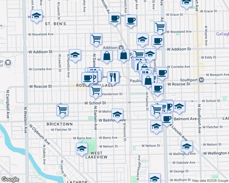 map of restaurants, bars, coffee shops, grocery stores, and more near 1825 West Roscoe Street in Chicago