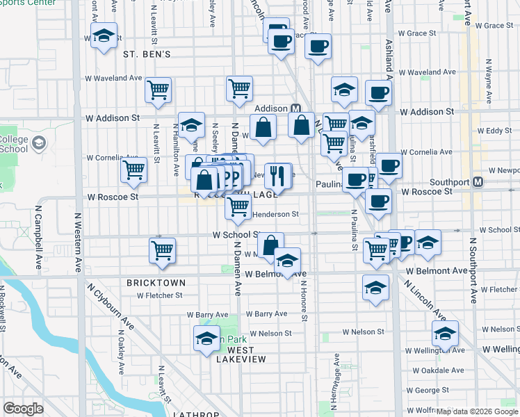 map of restaurants, bars, coffee shops, grocery stores, and more near 1911 West Roscoe Street in Chicago