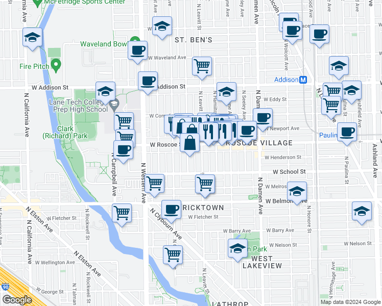 map of restaurants, bars, coffee shops, grocery stores, and more near 2215 West Roscoe Street in Chicago