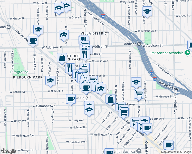 map of restaurants, bars, coffee shops, grocery stores, and more near 3405 North Harding Avenue in Chicago