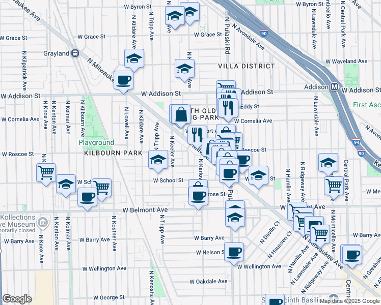 map of restaurants, bars, coffee shops, grocery stores, and more near 3377 North Kedvale Avenue in Chicago