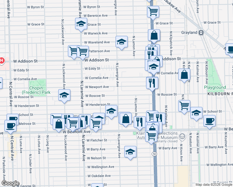 map of restaurants, bars, coffee shops, grocery stores, and more near 3419 North Lavergne Avenue in Chicago