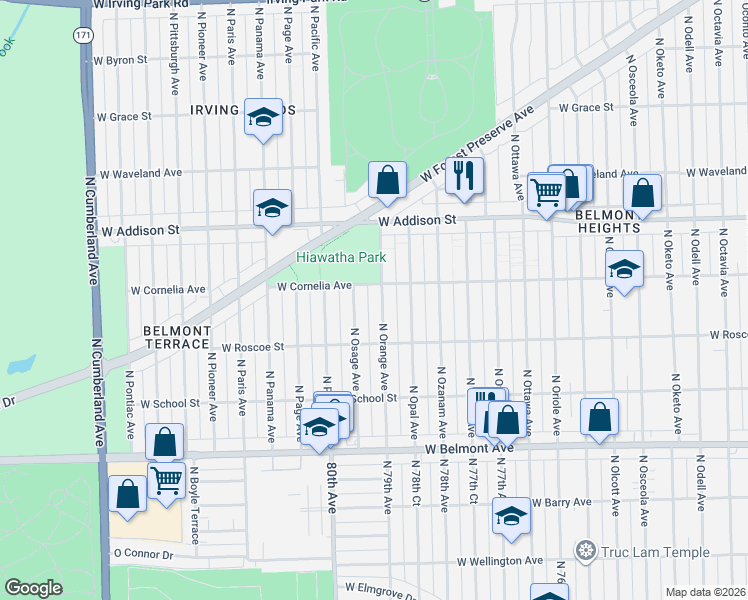map of restaurants, bars, coffee shops, grocery stores, and more near 3461 North Osage Avenue in Chicago