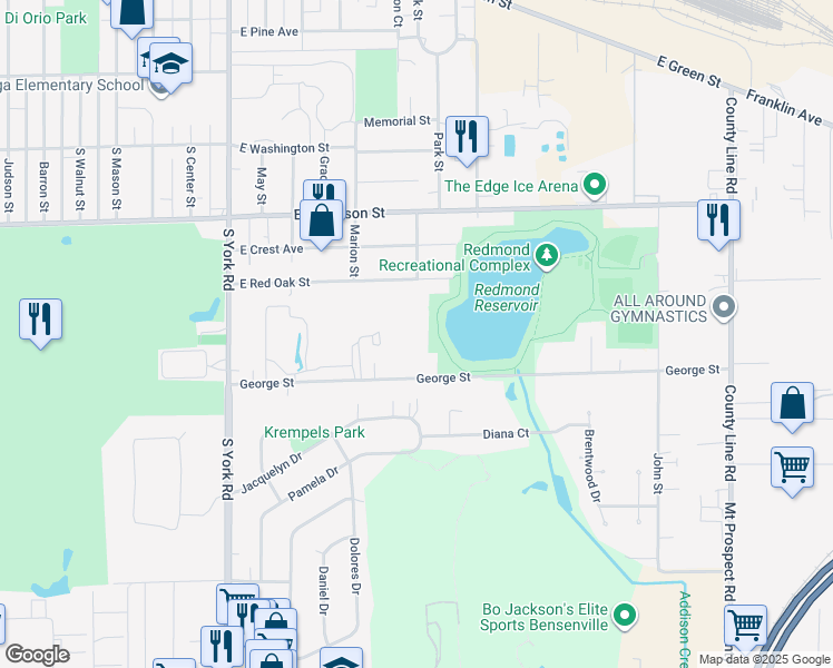 map of restaurants, bars, coffee shops, grocery stores, and more near 258 George Street in Bensenville