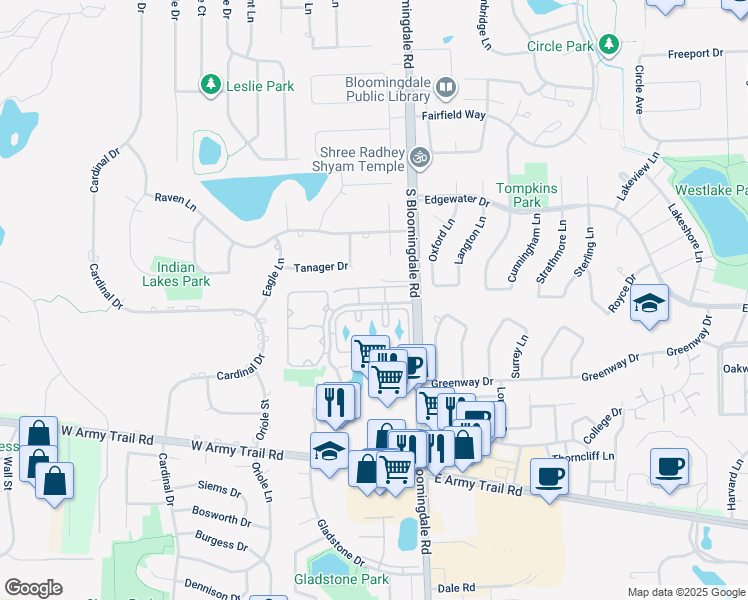map of restaurants, bars, coffee shops, grocery stores, and more near 110 Tanager Drive in Bloomingdale