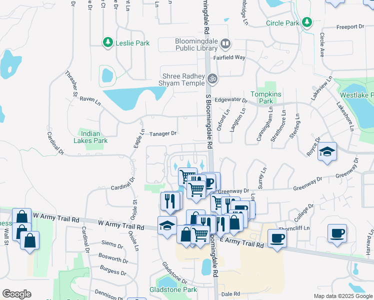 map of restaurants, bars, coffee shops, grocery stores, and more near 110 Tanager Drive in Bloomingdale