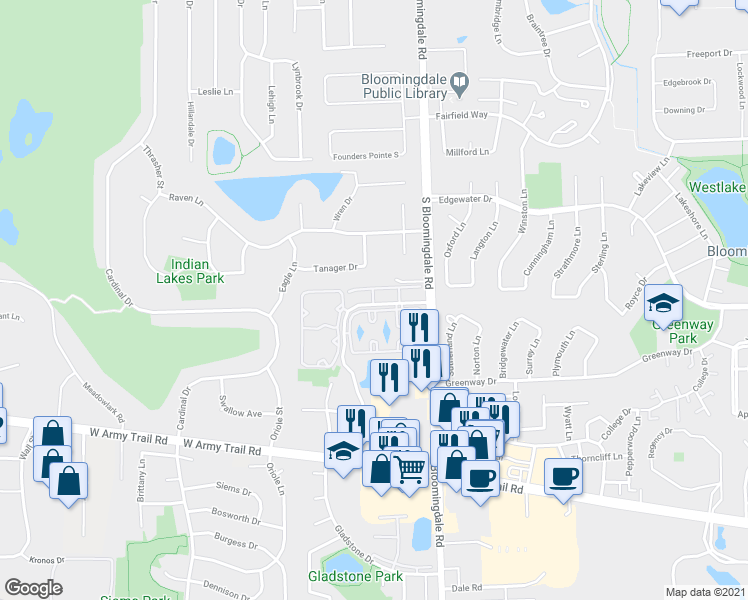 map of restaurants, bars, coffee shops, grocery stores, and more near 110 Tanager Drive in Bloomingdale
