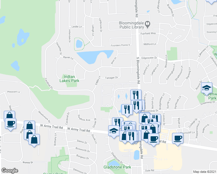 map of restaurants, bars, coffee shops, grocery stores, and more near 2334 Century Point Lane in Glendale Heights