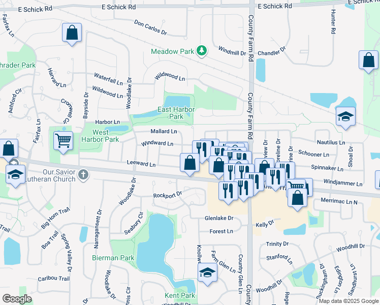 map of restaurants, bars, coffee shops, grocery stores, and more near 3910 Windward Lane in Hanover Park