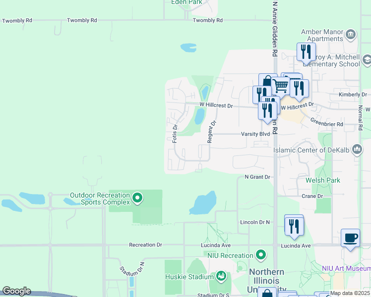 map of restaurants, bars, coffee shops, grocery stores, and more near 820 Fotis Drive in DeKalb