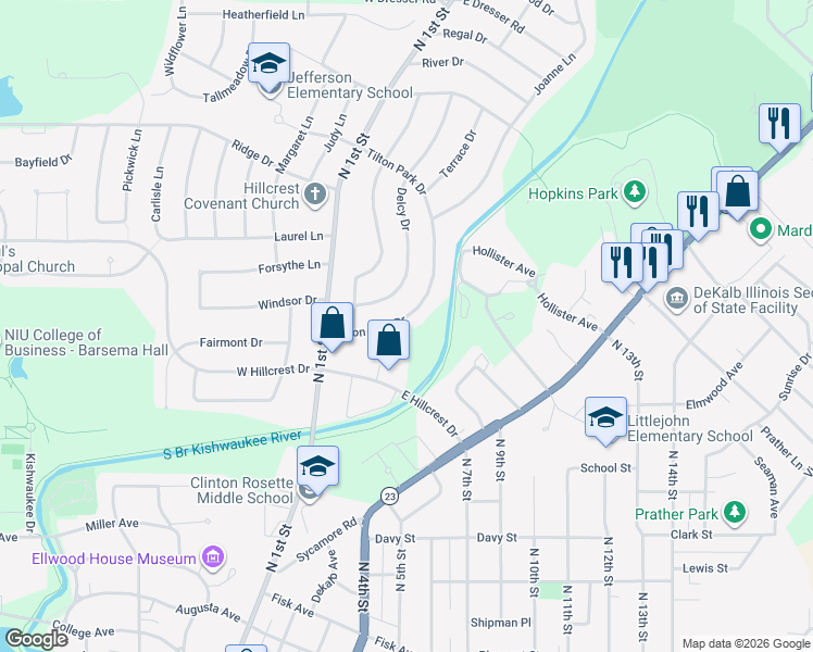 map of restaurants, bars, coffee shops, grocery stores, and more near 125 Tilton Park Drive in DeKalb