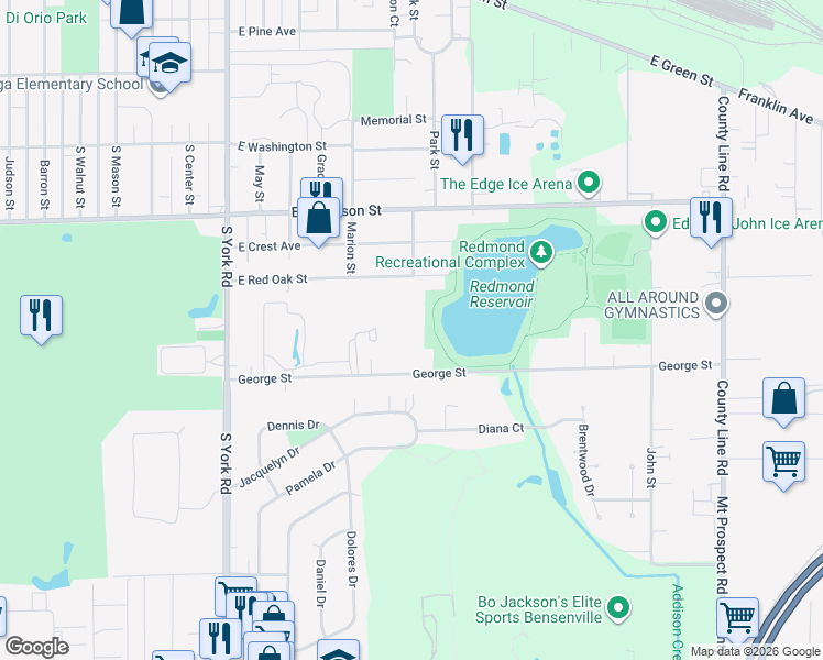 map of restaurants, bars, coffee shops, grocery stores, and more near 258 George Street in Bensenville