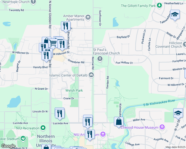 map of restaurants, bars, coffee shops, grocery stores, and more near Normal Road in DeKalb