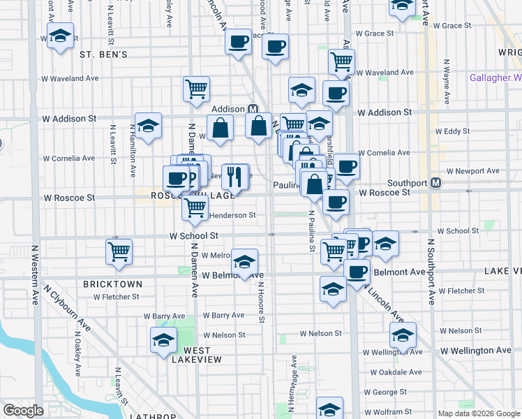 map of restaurants, bars, coffee shops, grocery stores, and more near 1825 West Roscoe Street in Chicago