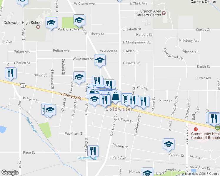 map of restaurants, bars, coffee shops, grocery stores, and more near 65 North Monroe Street in Coldwater