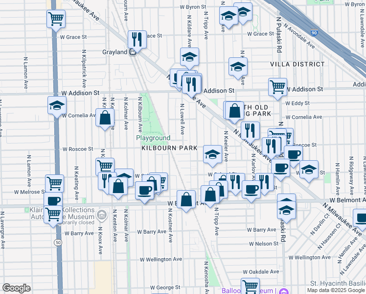 map of restaurants, bars, coffee shops, grocery stores, and more near West Roscoe Street in Chicago