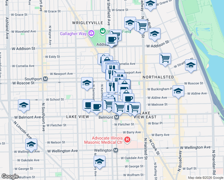 map of restaurants, bars, coffee shops, grocery stores, and more near 3327 North Sheffield Avenue in Chicago