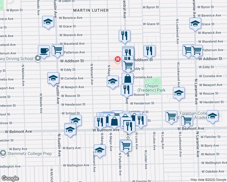 map of restaurants, bars, coffee shops, grocery stores, and more near 3425 North Major Avenue in Chicago