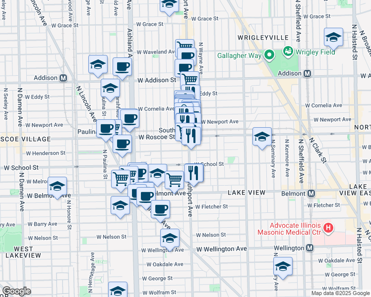map of restaurants, bars, coffee shops, grocery stores, and more near 3334 North Southport Avenue in Chicago