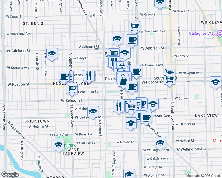 map of restaurants, bars, coffee shops, grocery stores, and more near 1736 West Henderson Street in Chicago