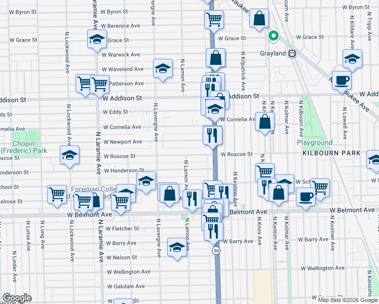 map of restaurants, bars, coffee shops, grocery stores, and more near 4854 West Roscoe Street in Chicago