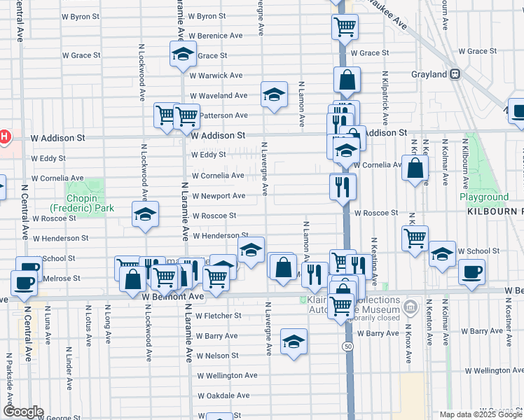 map of restaurants, bars, coffee shops, grocery stores, and more near 3419 North Lavergne Avenue in Chicago