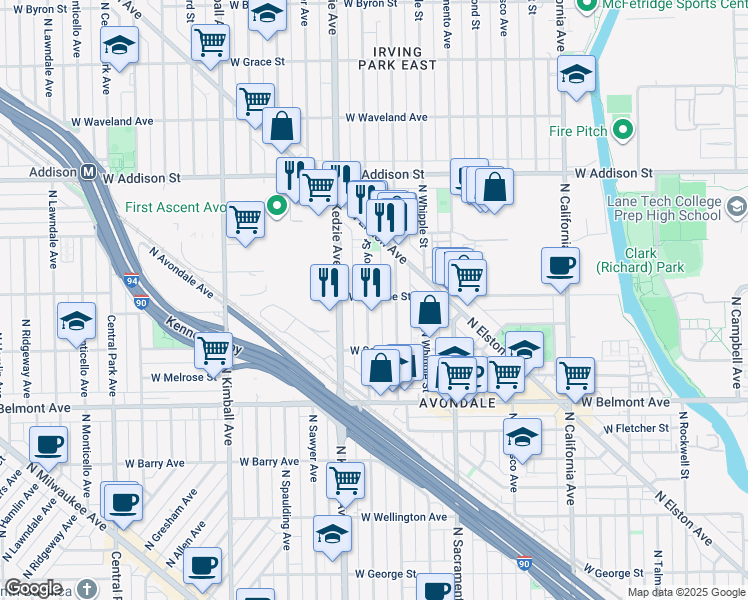map of restaurants, bars, coffee shops, grocery stores, and more near 3355 North Troy Street in Chicago