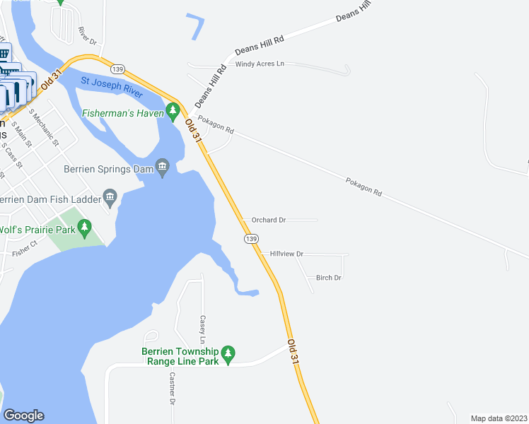 map of restaurants, bars, coffee shops, grocery stores, and more near 5621 Orchard Drive in Berrien Springs