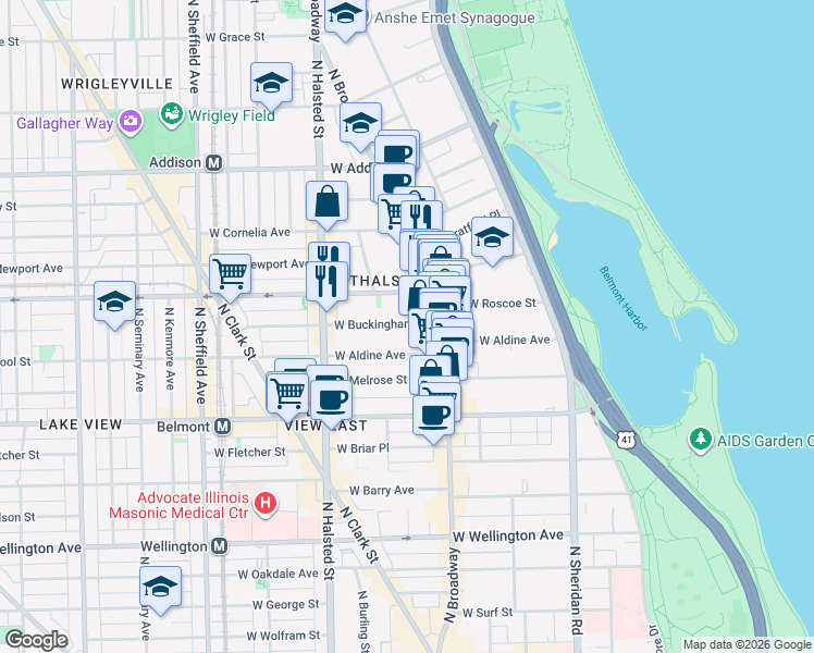 map of restaurants, bars, coffee shops, grocery stores, and more near 639 West Buckingham Place in Chicago