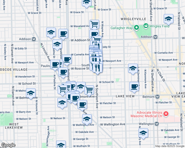 map of restaurants, bars, coffee shops, grocery stores, and more near 1414 West Henderson Street in Chicago