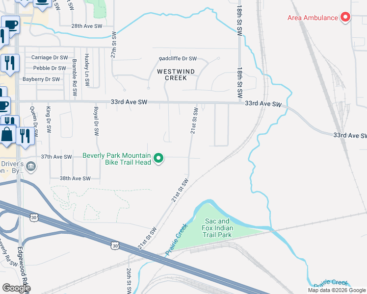 map of restaurants, bars, coffee shops, grocery stores, and more near 3628 21st Street Southwest in Cedar Rapids