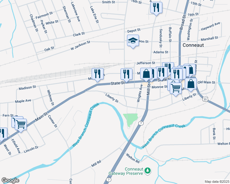 map of restaurants, bars, coffee shops, grocery stores, and more near 518 Main Street in Conneaut