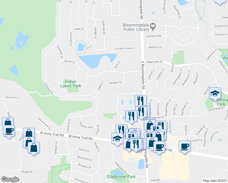 map of restaurants, bars, coffee shops, grocery stores, and more near 2334 Century Point Lane in Glendale Heights