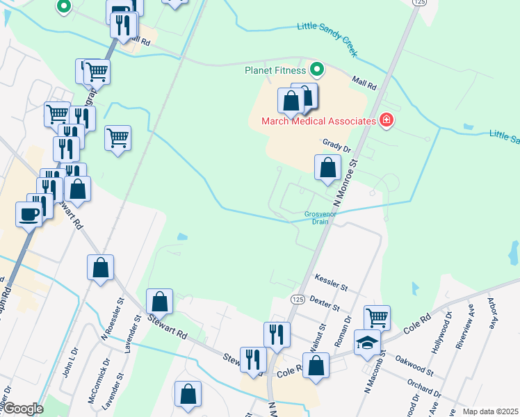 map of restaurants, bars, coffee shops, grocery stores, and more near 1835 Winding Meadows Drive in Monroe