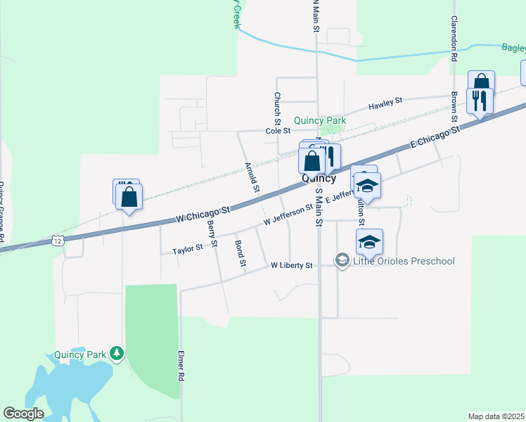 map of restaurants, bars, coffee shops, grocery stores, and more near 51 West Chicago Street in Quincy